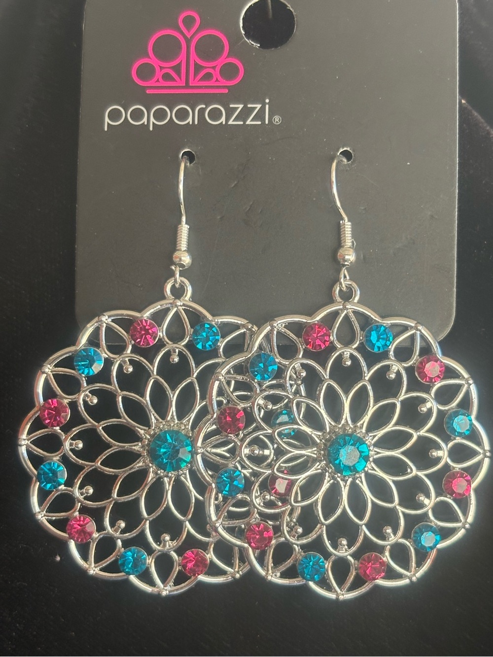 paparazzi Silver Filigree Dangle Earrings - Pink & Teal Accents